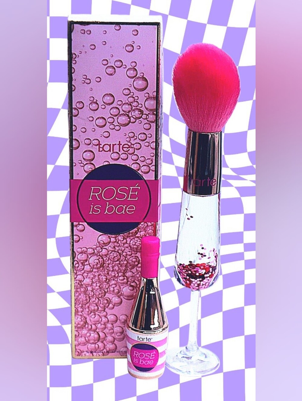 TARTE ROSE IS BAE LIPGLOSS PINK SPARKLE CHAMPAGNE FLUTE MAKEUP POWDER BRUSH SET